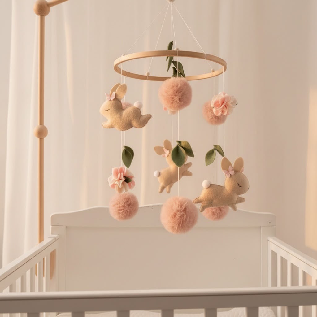 MarMar Blush Bunny Baby Crib Mobile with Wooden Stand