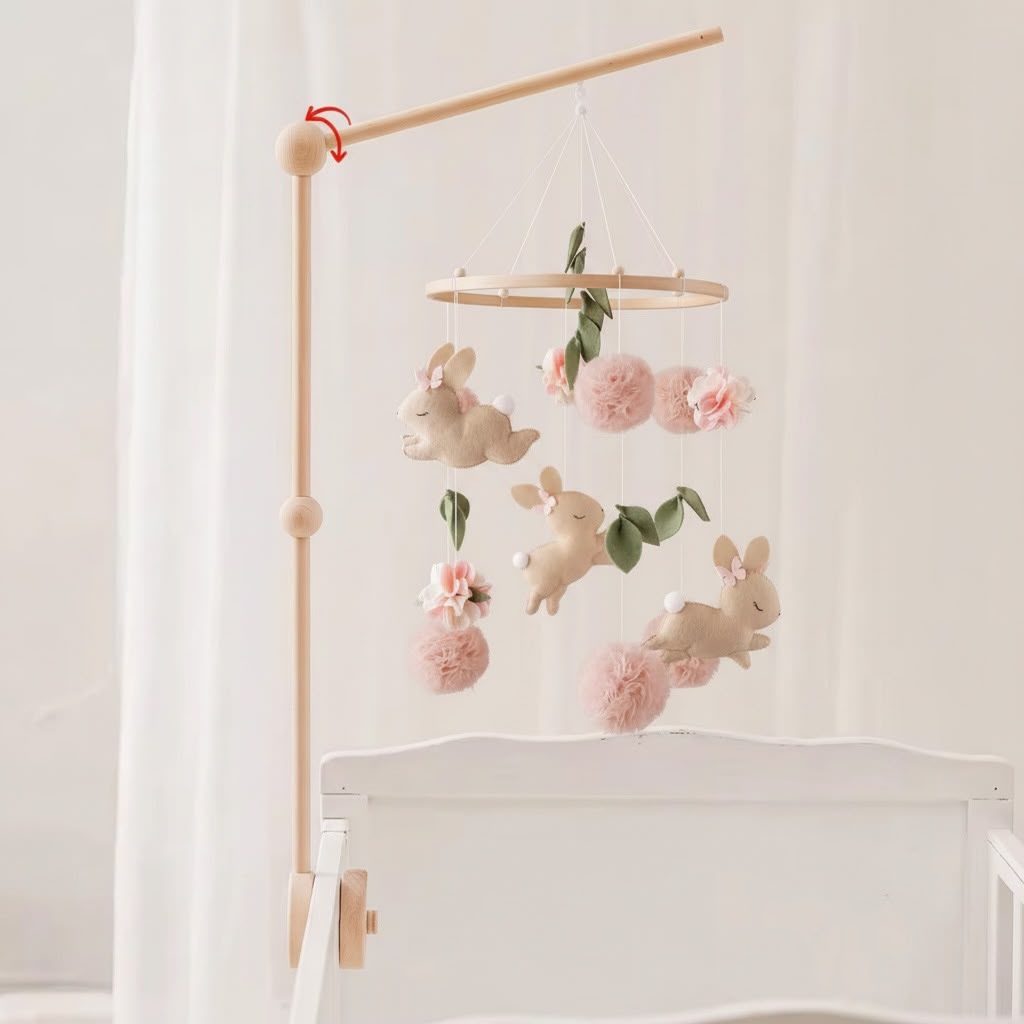 MarMar Blush Bunny Baby Crib Mobile with Wooden Stand